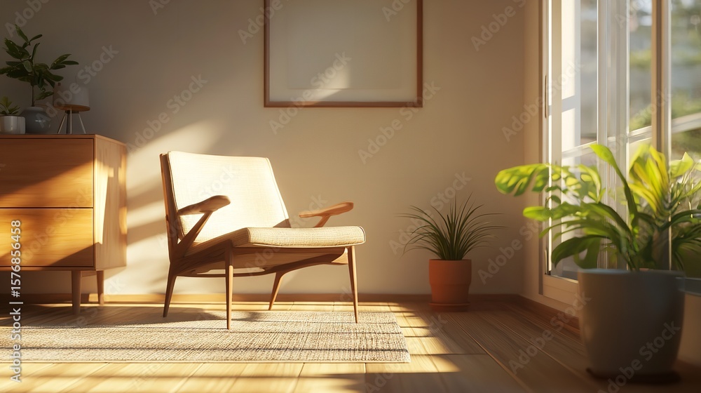 Fototapeta premium comfortable chair by the window, illuminated by daylight, creating an atmosphere of comfort