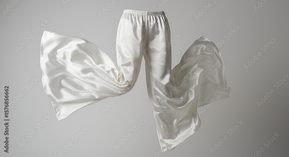 Naklejka premium Elegant floating white silk pants captured in a studio setting, fashion concept.