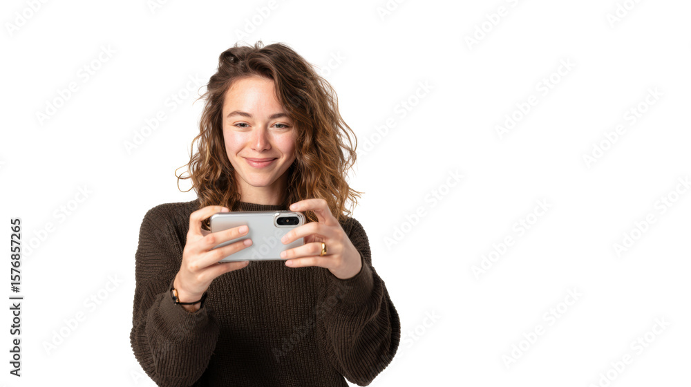 Fototapeta premium Young woman smiling while holding a smartphone, white isolate background.