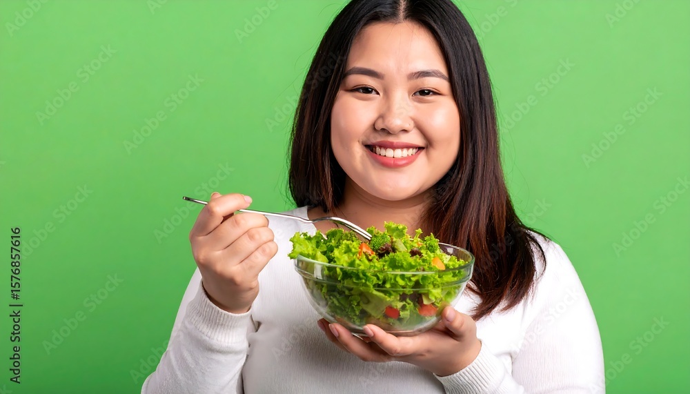 Smiling Asian Woman Enjoying a Fresh with Healthy Salad on Green Background. Smiling Asian Woman Enjoying a Fresh with Healthy Salad on Green Background.