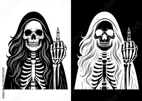 Gothic Skeleton Woman with Middle Finger Gesture Vector Line Art