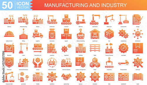 Manufacturing and Industry icon collection set. Containing industry,  Manufacturing, factory, production, conveyor, Machine, automation icon