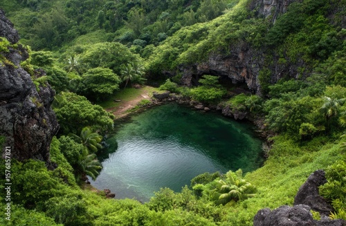 small boat floats near an opening to underground cave system that leads into emerald green waters