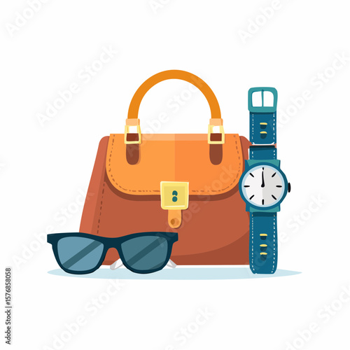A high-quality 3D cartoon illustration showing Fashion accessories set- sunglasses, wristwatch, leather handbag, vector illustration, flat .svg, designed to represent creativity, fun, and visual story