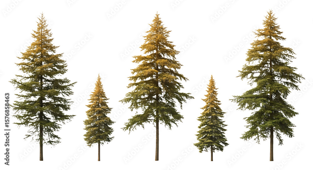 Obraz premium Four Different Sizes of Coniferous Trees Isolated on White. PNG Transparent Background