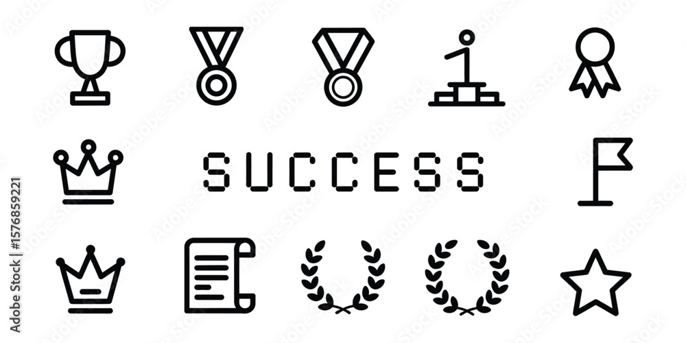 Success word with laurel, medals, awards, crowns icons on transparent background Success word with laurel, medals, awards, crowns icons on transparent background