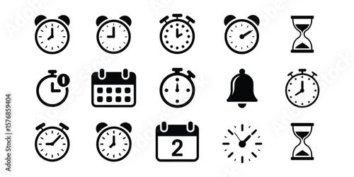 Time Related Black Icon Set on Transparent Background Clock, Hourglass,Bell,Date