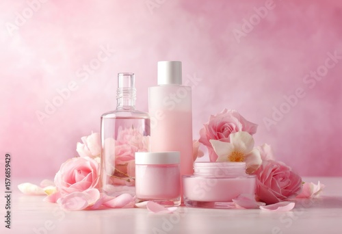 Wallpaper Mural Pink rose flowers and glass bottles with cosmetics on a pink background Torontodigital.ca