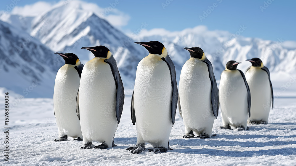 Obraz premium Group of Emperor Penguins Standing on Snowy Landscape with Majestic Mountains in Background, Capturing Stunning Wildlife Moment in Arctic Environment