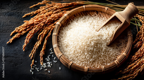 Freshly Harvested Rice in a Natural Wooden Bowl Surrounded by Grain Stalks on a Rustic Black Wooden Table