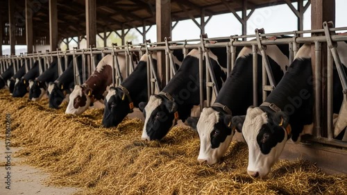 Black And White Dairy Cows Eating Grain From A Trough Inside Of Wooden Barn Structure