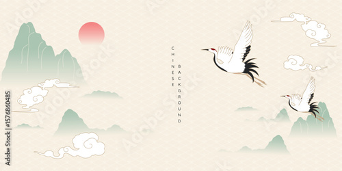 Japanese minimal background vector. Wallpaper design with line wave pattern, crane bird, mountain, cloud, sun on light background. Illustration for cover, banner, website, package, deco interior.