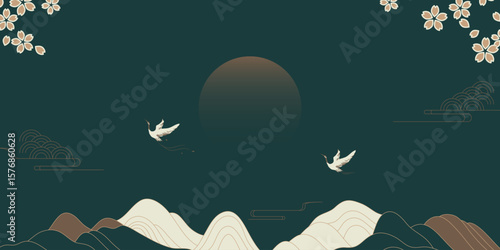 Japanese minimal background vector. Wallpaper design with crane bird, mountain, moon, cherry blossom line art on green background. Illustration for cover, banner, website, package, deco interior.