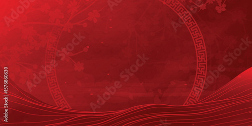 Japanese minimal background vector. Wallpaper design with cherry blossom branch, frame, sea wave, watercolor texture on red background. Illustration for cover, banner, website, package, deco interior.
