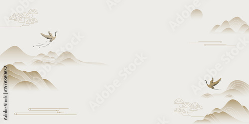 Japanese minimal background vector. Wallpaper design with crane bird, mountain, cloud line art on light background. Illustration for cover, banner, website, package, deco interior.