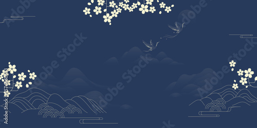 Japanese minimal background vector. Wallpaper design with crane bird, mountain, cloud, cherry blossom on blue background. Illustration for cover, banner, website, package, deco interior.