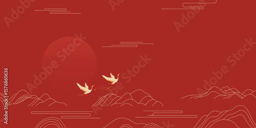 Japanese minimal background vector. Wallpaper design with crane bird, mountain, moon, cloud line art on red background. Illustration for cover, banner, website, package, deco interior.
