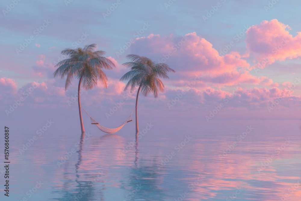 Obraz premium two palm trees with their reflection in the water a hammock suspended between them.