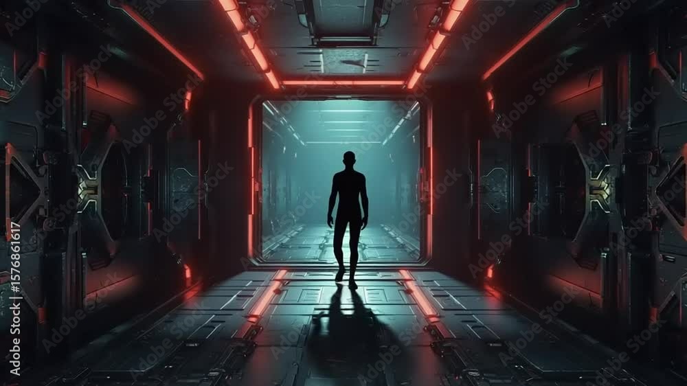 Futuristic corridor in a dark, metallic space environment Futuristic corridor in a dark, metallic space environment