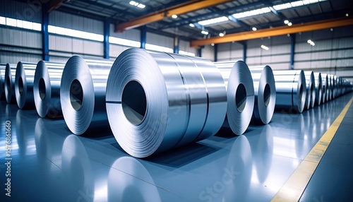 Steel coils in factory industrial storage  manufacturing of rolled metal sheets.