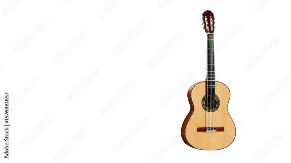 Naklejka premium Acoustic guitar, wooden body, isolated on a white background, perfect for music themes and artistic designs.