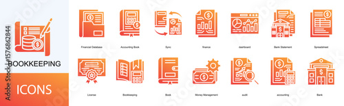Bookkeeping icon collection set. Containing Financial Database, Accounting Book, Sync, finance, dashboard, Bank Statement icon