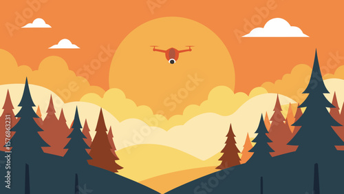 An autumnal vector illustration of a mountain landscape at sunset, with trees and a vibrant sky