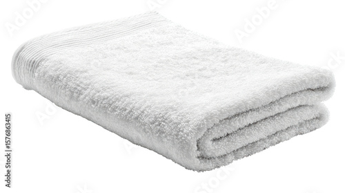 Folded white towel, soft and fluffy, ideal for bathrooms or spa settings, isolated on a clean background.