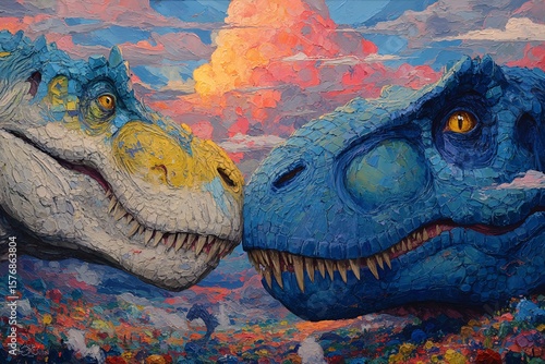 Colorful Artistic Depiction of Two Dinosaurs Facing Each Other