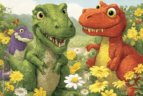 Playful Dinosaurs Surrounded by Bright Flowers in a Colorful Scene
