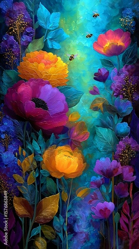 Vibrant Floral Arrangement with Bees in an Abstract Background