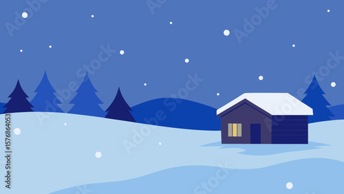 Snowy winter village scene with a festive Christmas house and decorated trees under a night sky, perfect for a holiday card illustration