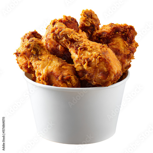 Crispy chicken in a paper bucket, isolated on a white background.