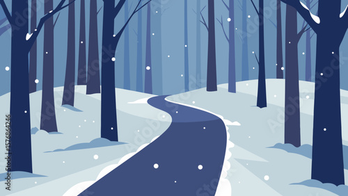 Snowy winter road winding through a frost-covered forest landscape under a cold, blue sky