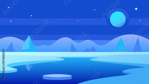 Moonlit winter landscape with snow and a cold blue sky