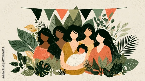 Diverse Group of Women Surrounded by Lush Greenery and Decor
