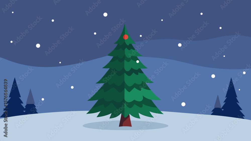 Obraz premium A festive winter landscape illustration with snow-covered trees and a decorated Christmas tree, perfect for holiday celebrations