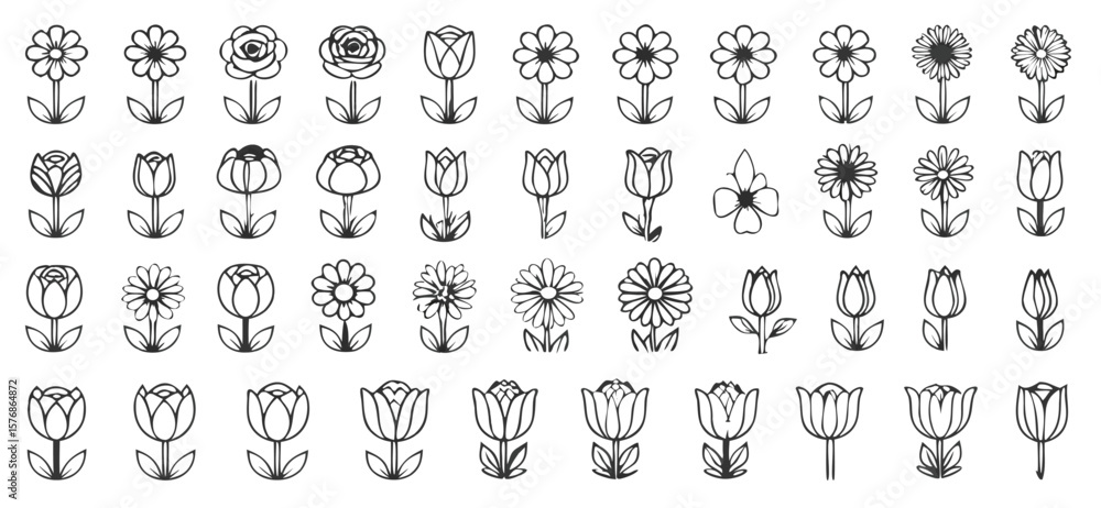 Obraz premium Floral Icon, Round Petals, Tulip, Rose, Daisy, Garden Flower, Blooming Bud, Elegant Flower, Botanical Design, Spring Bloom, Flower Head, Simple Tulip, Full Petal Icon, Decorative Flower, Soft Bloom.