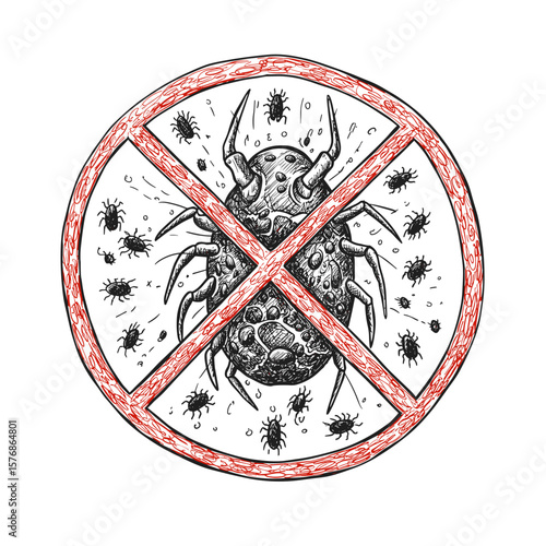 No dust mites illustration with prohibition symbol and microbes  