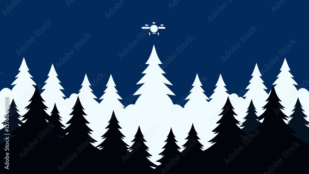 Obraz premium Christmas tree vector illustration: winter forest landscape with festive green fir trees and snowflakes, perfect for holiday season celebration cards