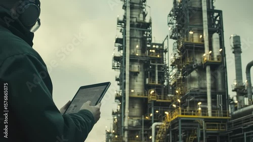 Industrial worker using tablet at oil refinery.