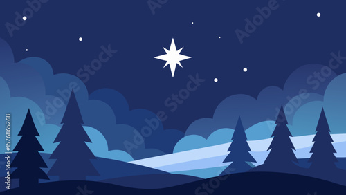 This winter landscape illustration with snow-covered mountains, a starry night sky, and a lone tree captures the serene beauty of nature's cold embrace