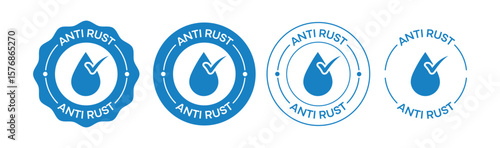 Anti Rust Blue Badge Icons Set – Waterproof Guarantee Labels with Drop and Tick Symbols