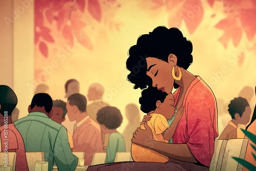Tender Moment of Mother and Child in a Vibrant Social Gathering