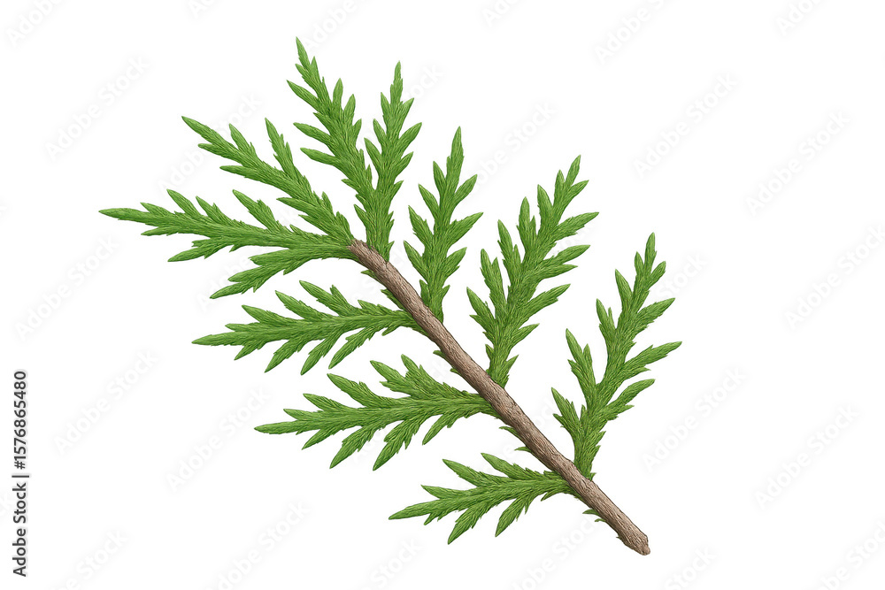 Fototapeta premium Green thuja branch rendering, transparent backdrop highlighting botanical detail and design versatility