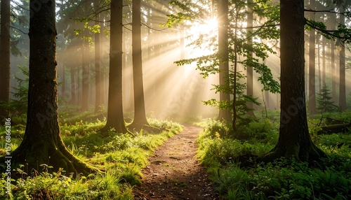 Sunbeams Burst Through Forest Canopy with Illuminating Hiking Trail  Natures Beauty.