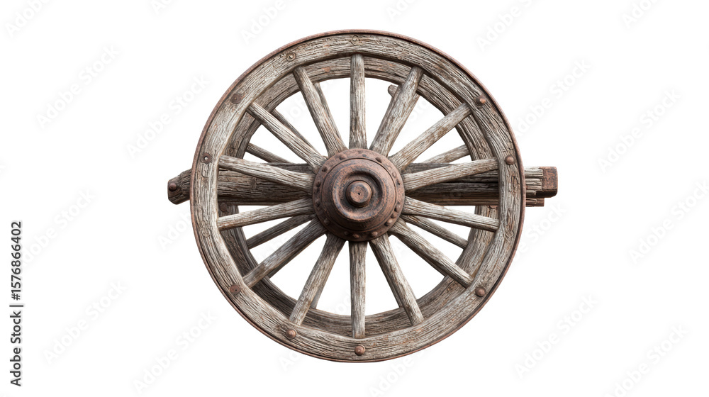 Fototapeta premium Wooden wagon wheel isolated on a white background.