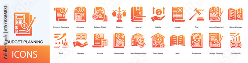 budget planning icon collection set. Containing Balance, Journal, Liability, Invoice, Trial, Income Statement icon