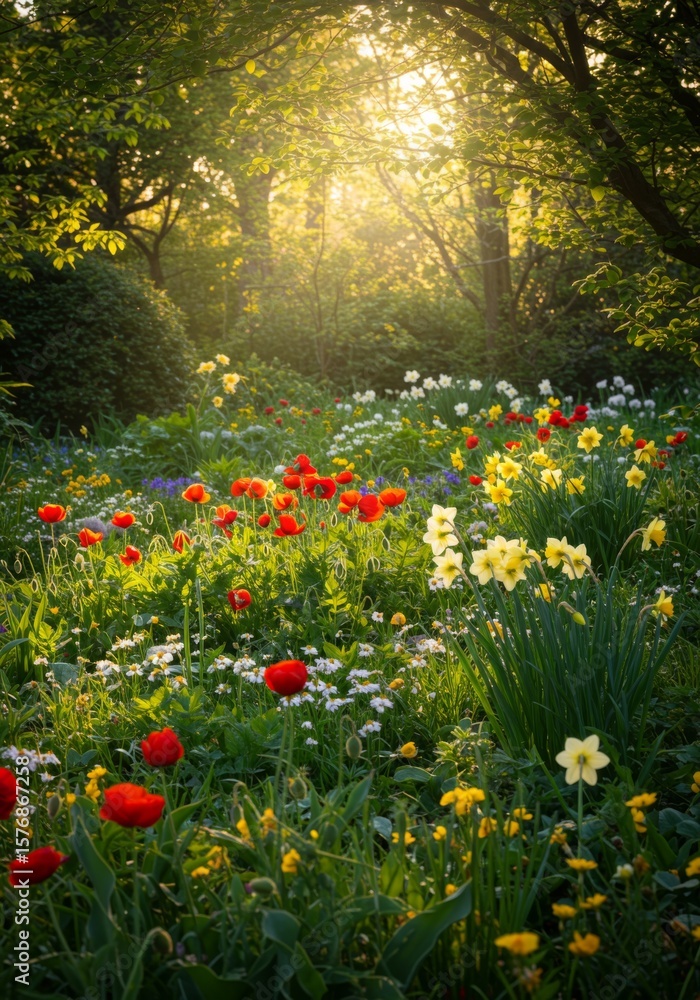 Fototapeta premium Vibrant Spring Flowers in a Sunlit Garden