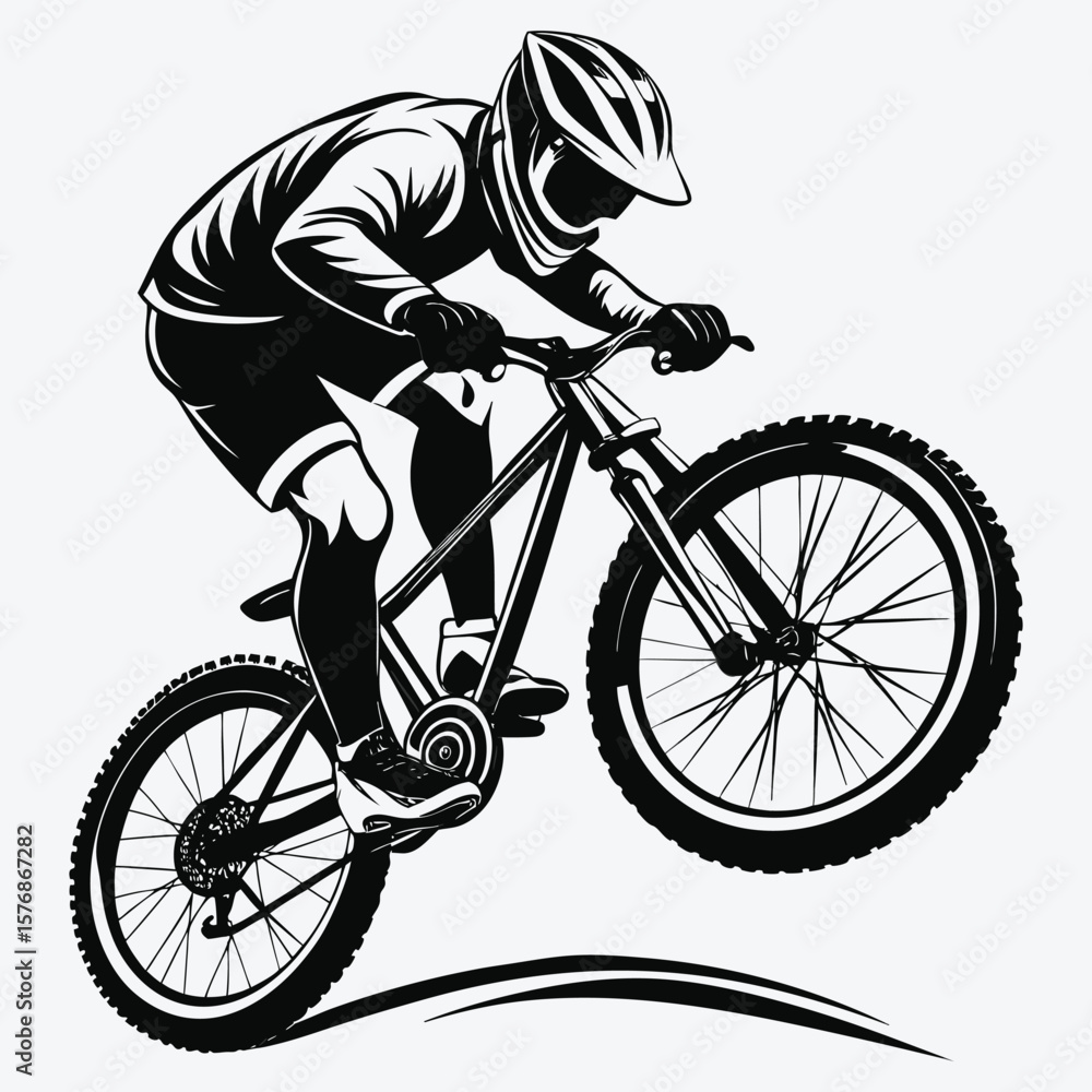 Naklejka premium Dynamic black and white illustration of a mountain biker performing a wheelie